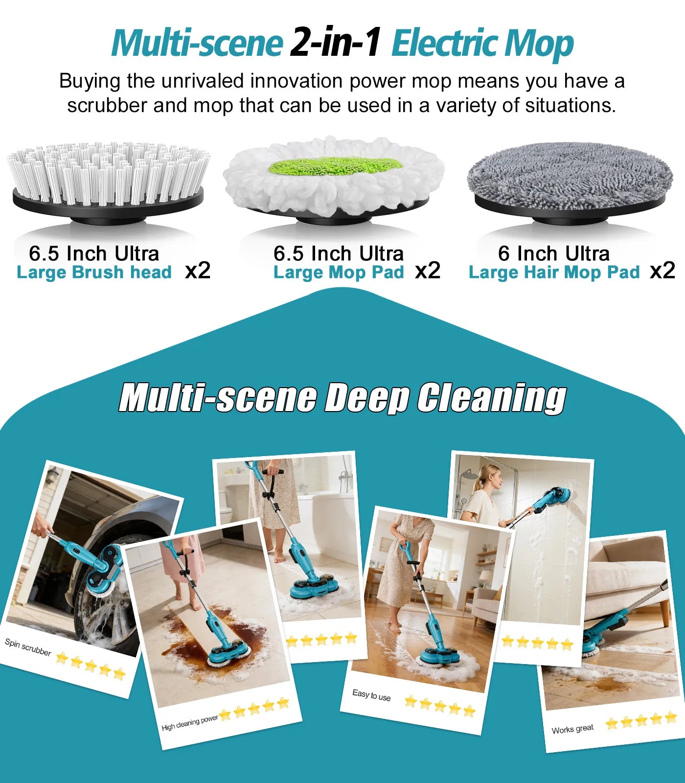 600RPM Cordless Electric Mop | Battery Powered Floor Scrubber | Spray & LED