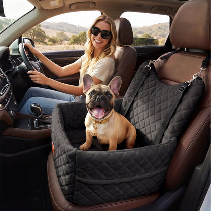 Memory Foam Dog Car Seat | Non-Slip Pet Booster Bed | Safety Belt & Storage