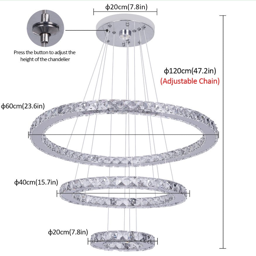 Crystal Chandelier LED Pendant Lights Silver with Remote Control (60+40+20cm)