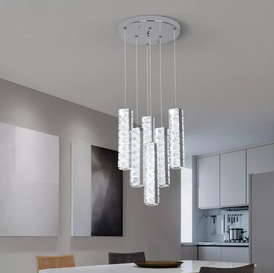 Crystal Pendant Light Dimmable Chandelier LED Ceiling Light Silver With Remote Control