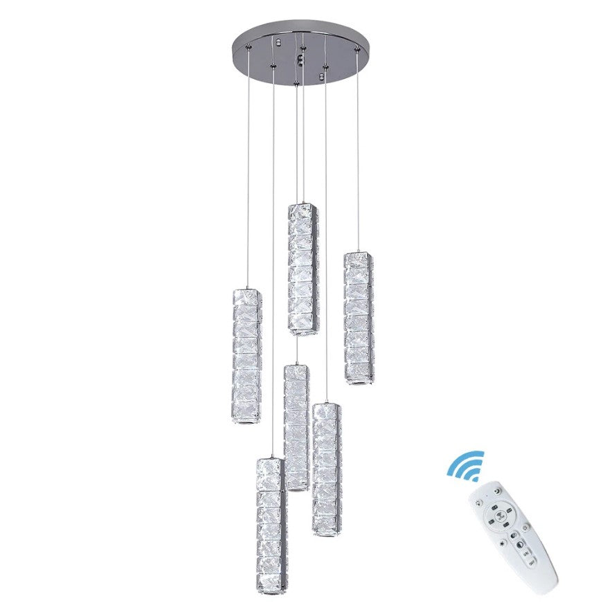 Crystal Pendant Light Dimmable Chandelier LED Ceiling Light Silver With Remote Control
