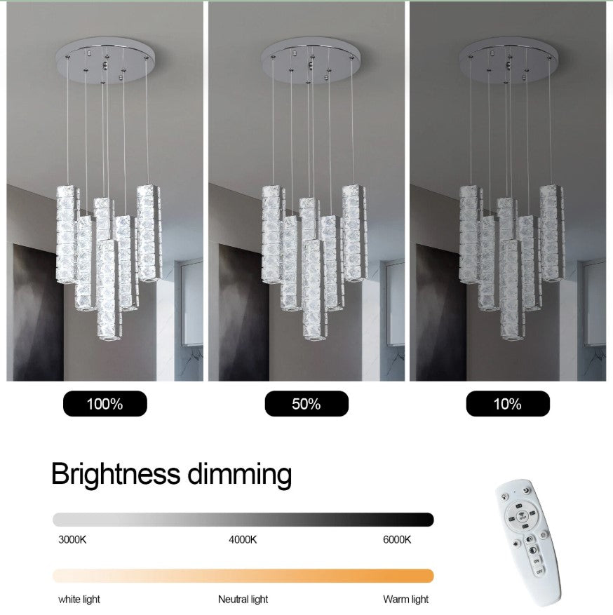 Crystal Pendant Light Dimmable Chandelier LED Ceiling Light Silver With Remote Control