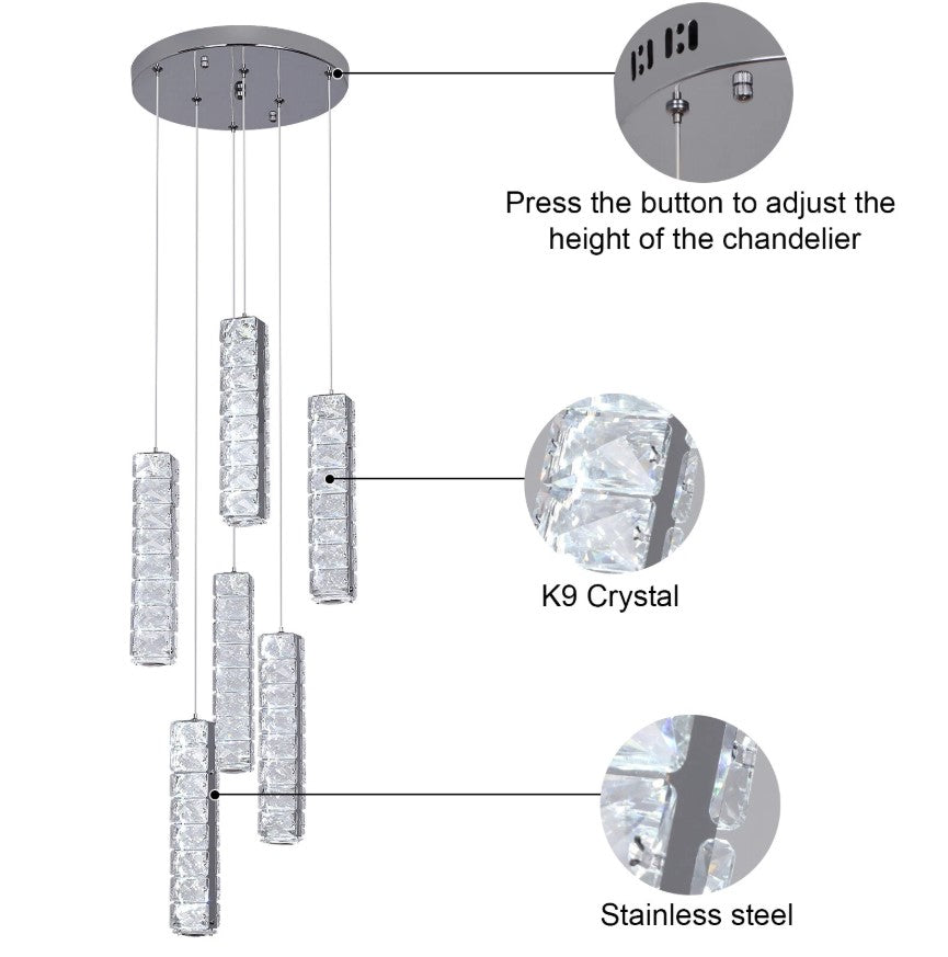 Crystal Pendant Light Dimmable Chandelier LED Ceiling Light Silver With Remote Control
