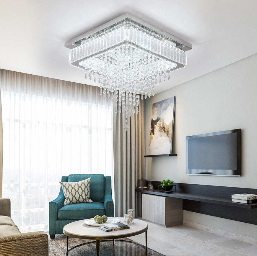 Crystal Square Chandelier LED Ceiling Light Silver Cool White/ 3 Color Lights Dimmable 45cm