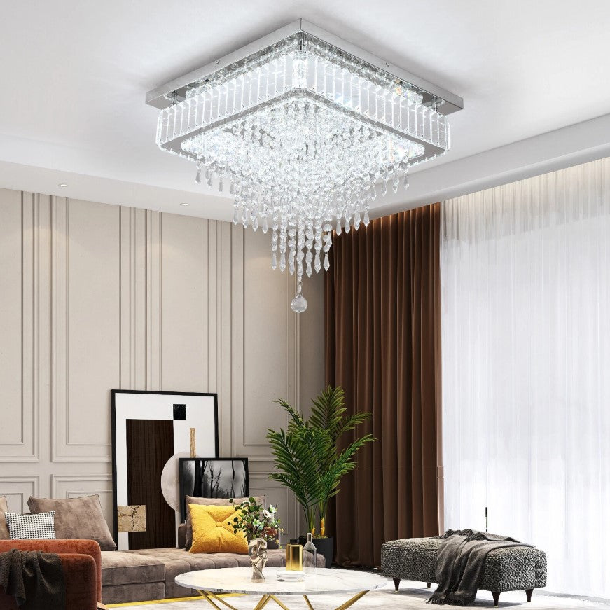 Crystal Square Chandelier LED Ceiling Light Silver Cool White/ 3 Color Lights Dimmable 45cm