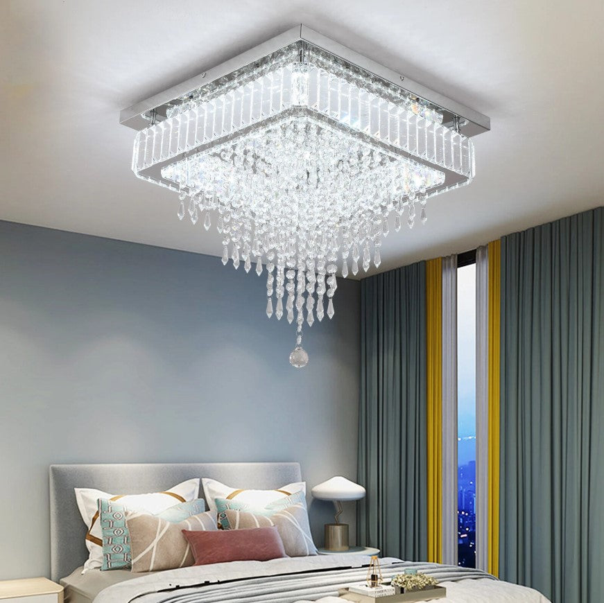 Crystal Square Chandelier LED Ceiling Light Silver Cool White/ 3 Color Lights Dimmable 45cm