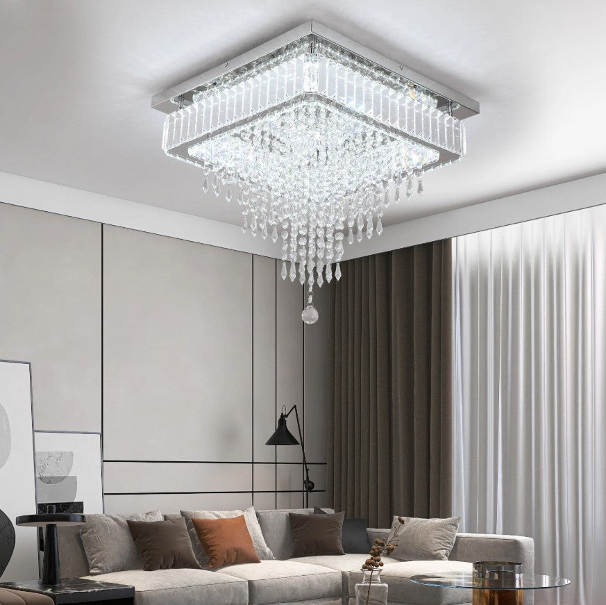 Crystal Square Chandelier LED Ceiling Light Silver Cool White/ 3 Color Lights Dimmable 45cm