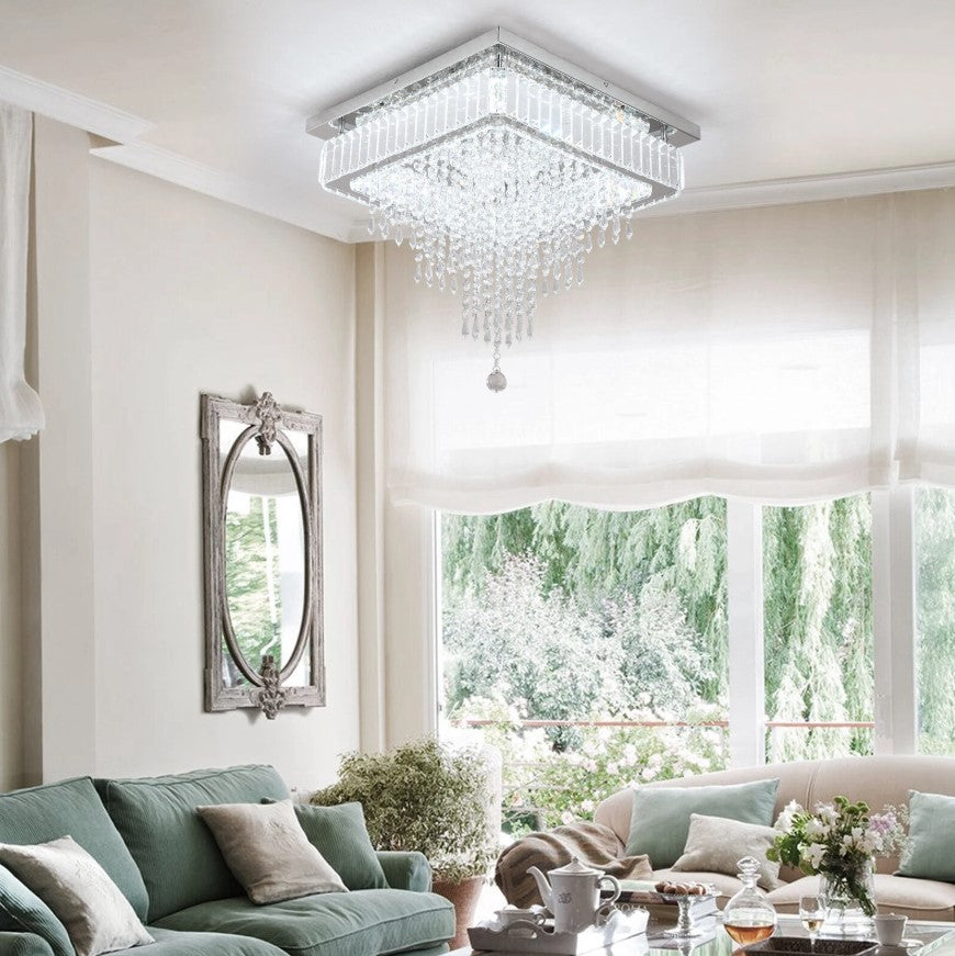 Crystal Square Chandelier LED Ceiling Light Silver Cool White/ 3 Color Lights Dimmable 45cm