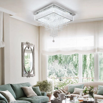 Crystal Square Chandelier LED Ceiling Light Silver Cool White/ 3 Color Lights Dimmable 45cm
