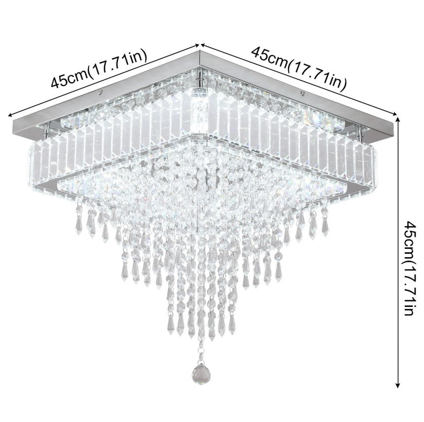 Crystal Square Chandelier LED Ceiling Light Silver Cool White/ 3 Color Lights Dimmable 45cm