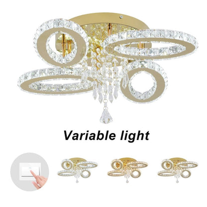 LED Ceiling Light Crystal Chandelier Gold Lamp 3 Color Lights Changeable 52cm