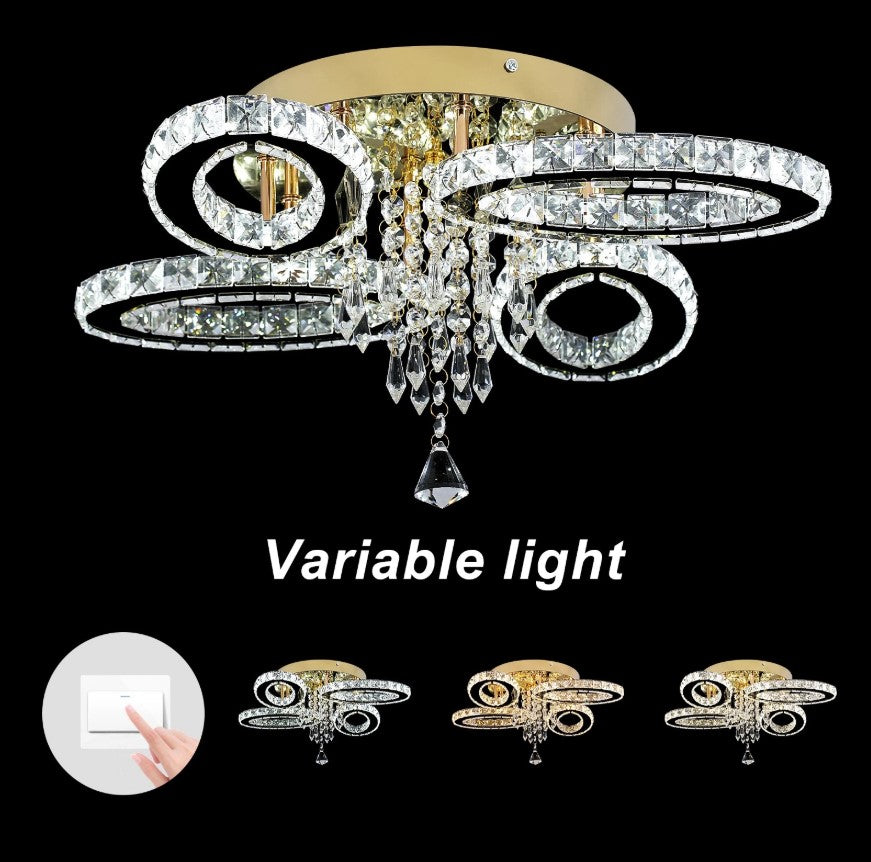 LED Ceiling Light Crystal Chandelier Gold Lamp 3 Color Lights Changeable 52cm