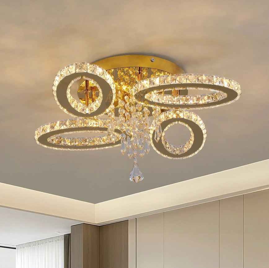 LED Ceiling Light Crystal Chandelier Gold Lamp 3 Color Lights Changeable 52cm