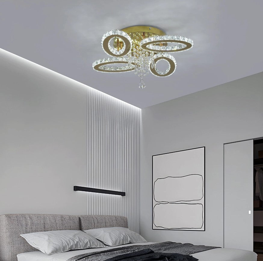 LED Ceiling Light Crystal Chandelier Gold Lamp 3 Color Lights Changeable 52cm