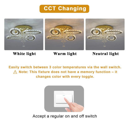 LED Ceiling Light Crystal Chandelier Gold Lamp 3 Color Lights Changeable 52cm