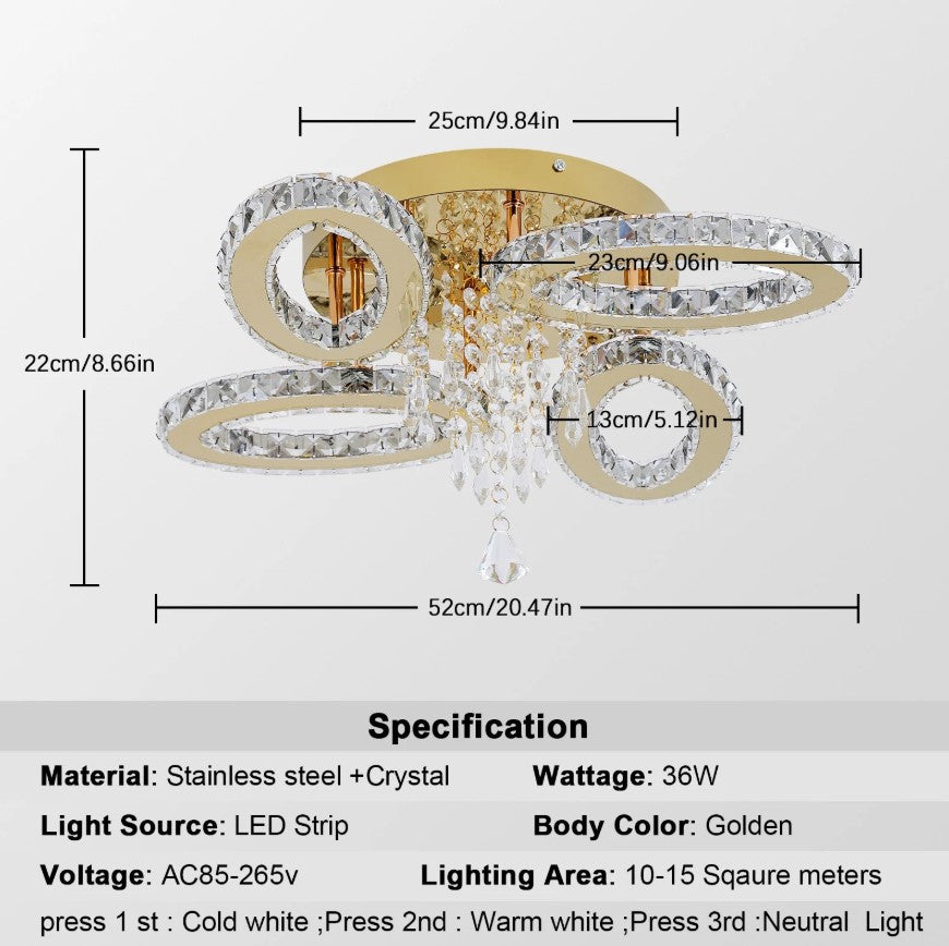 LED Ceiling Light Crystal Chandelier Gold Lamp 3 Color Lights Changeable 52cm