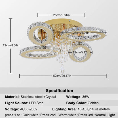 LED Ceiling Light Crystal Chandelier Gold Lamp 3 Color Lights Changeable 52cm