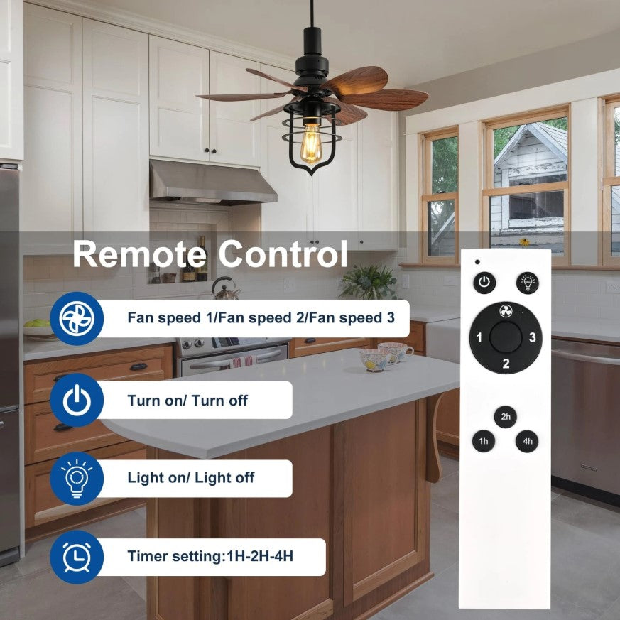 Vintage Style Ceiling Fan with Light E27 Remote Control Black 52cm