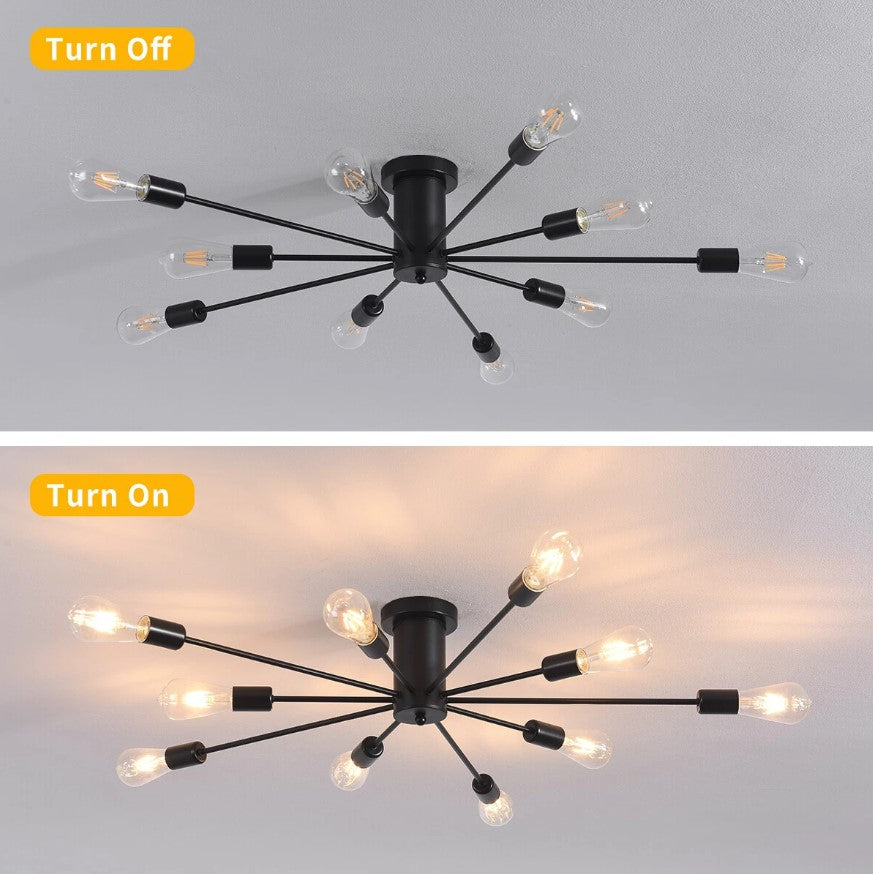 Industrial Ceiling Light Mid Century Sputnik Chandelier 10 Lights Black/Black and Gold 87cm