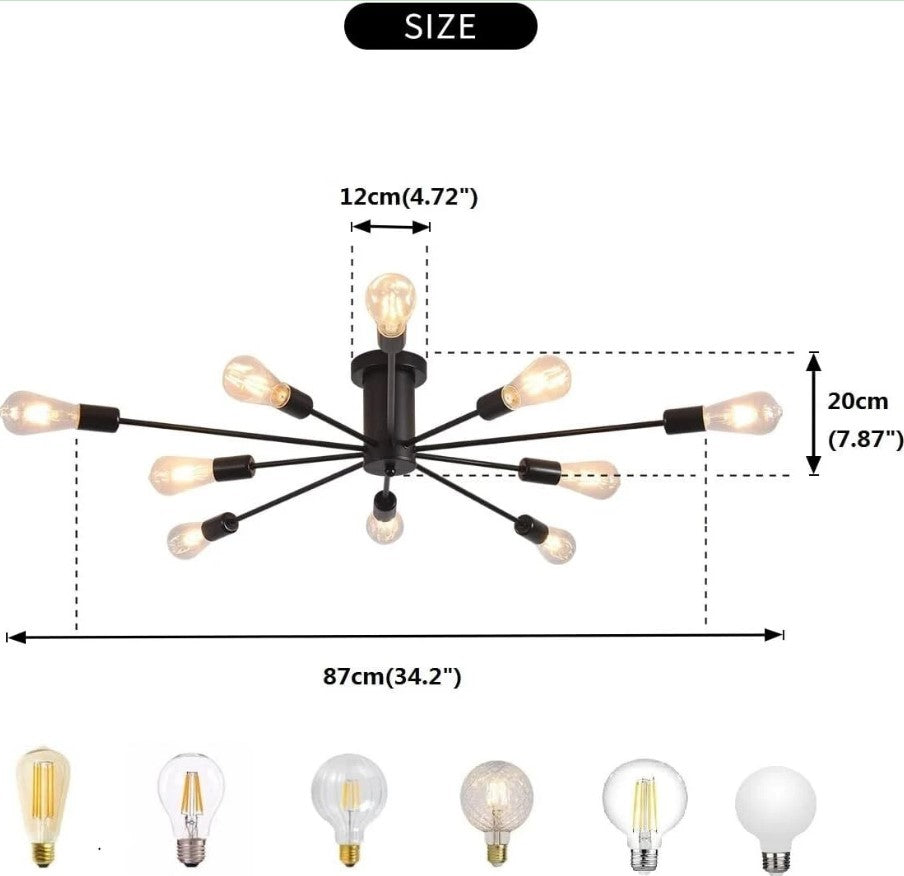 Industrial Ceiling Light Mid Century Sputnik Chandelier 10 Lights Black/Black and Gold 87cm