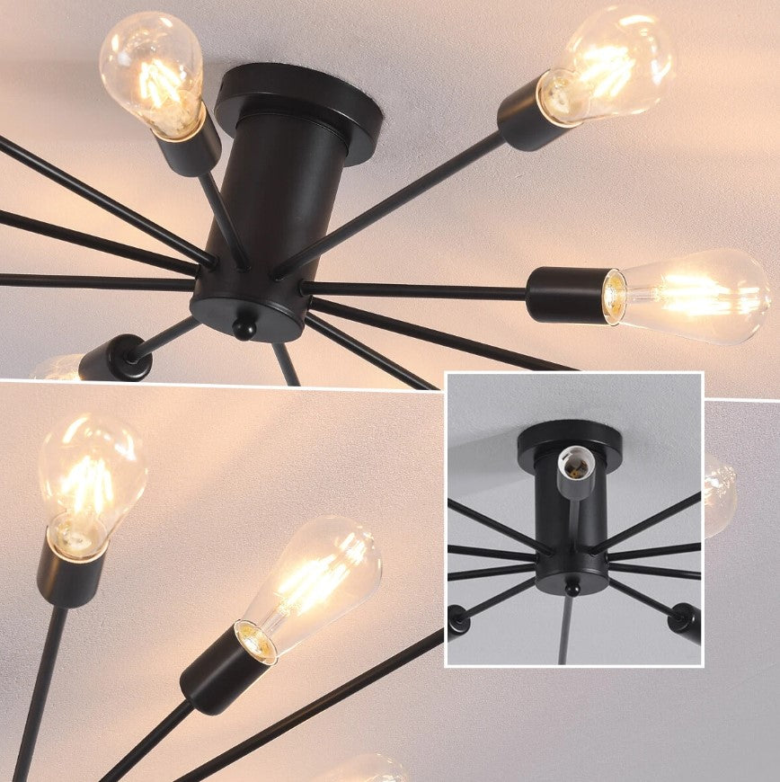 Industrial Ceiling Light Mid Century Sputnik Chandelier 10 Lights Black/Black and Gold 87cm
