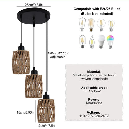 Pendant Chandelier Boho 3 Light Ceiling Light E27 Adjustable Black and Brown