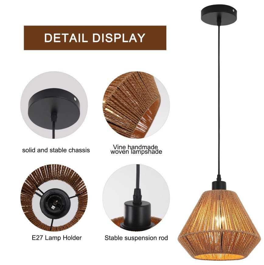 Ceiling Light Shade Natural Woven Pendant Lamp Boho Rattan E27 Black