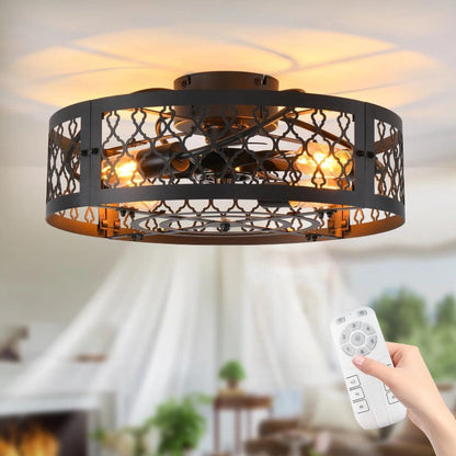 Industrial Flush Mount Ceiling Fan Black/White 4xE27 50cm with Remote Control