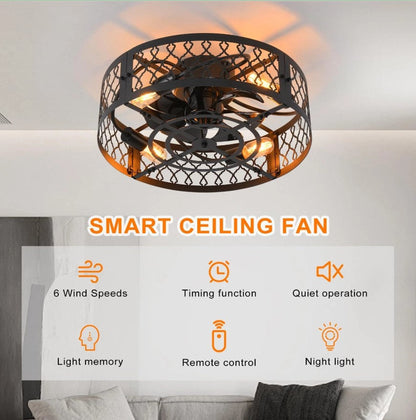 Industrial Flush Mount Ceiling Fan Black/White 4xE27 50cm with Remote Control