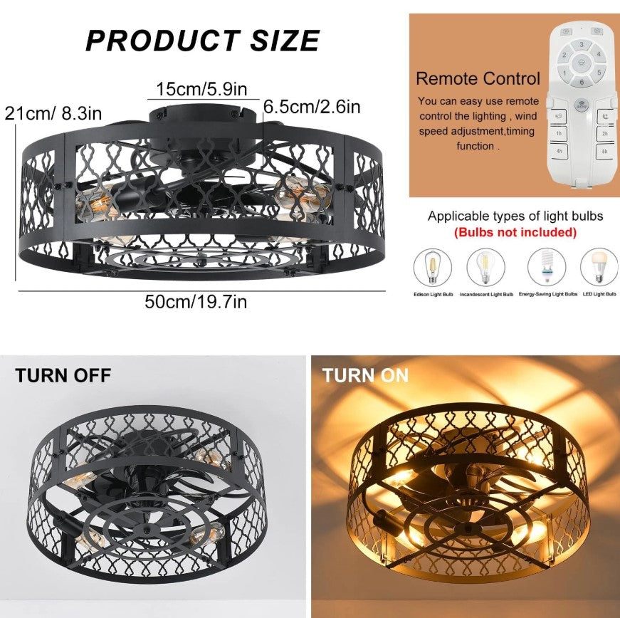 Industrial Flush Mount Ceiling Fan Black/White 4xE27 50cm with Remote Control