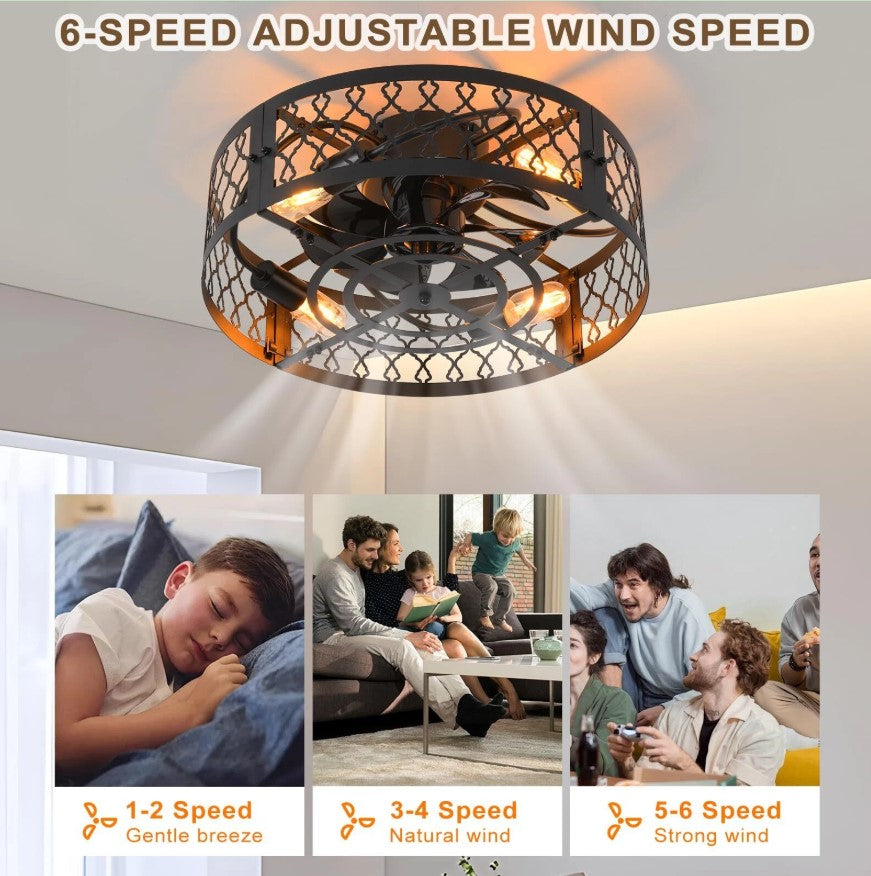Industrial Flush Mount Ceiling Fan Black/White 4xE27 50cm with Remote Control