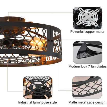 Industrial Flush Mount Ceiling Fan Black/White 4xE27 50cm with Remote Control