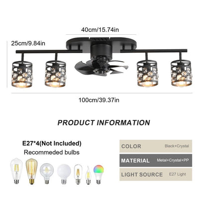 Ceiling Fan 4xE27 With Remote Control Fandelier Flush Mount Black 100cm