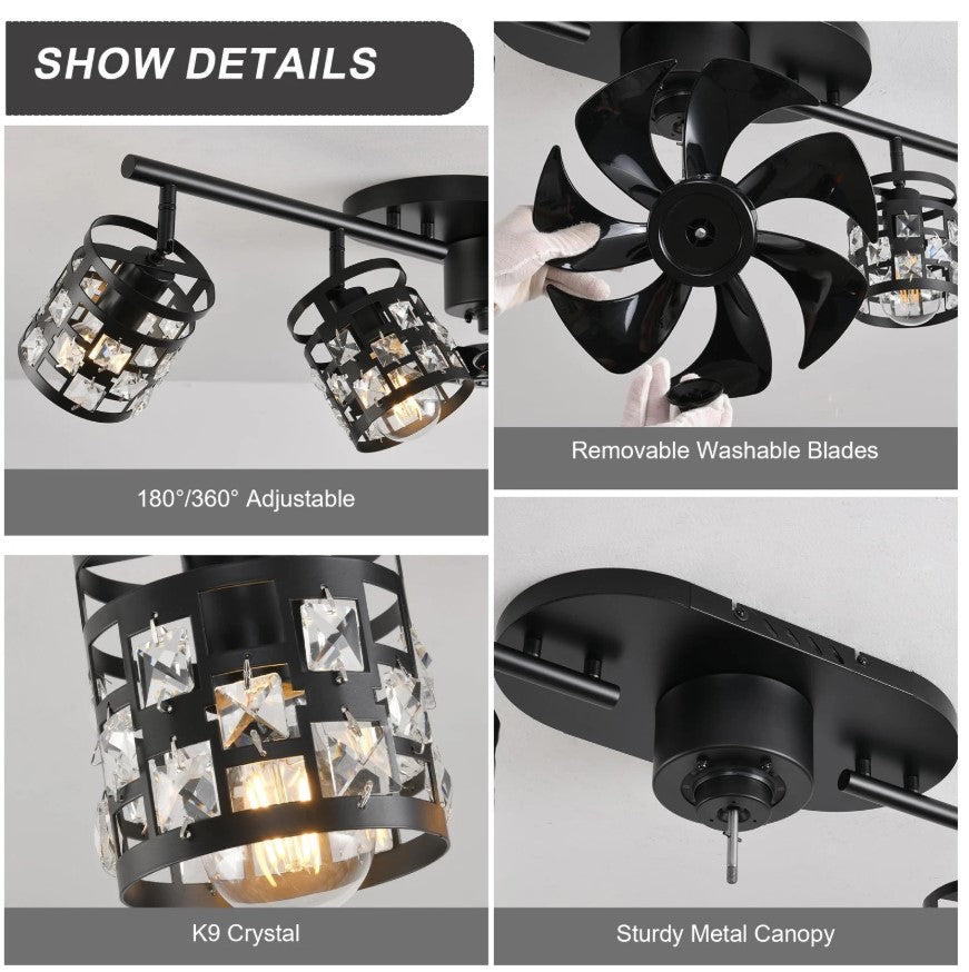 Ceiling Fan 4xE27 With Remote Control Fandelier Flush Mount Black 100cm