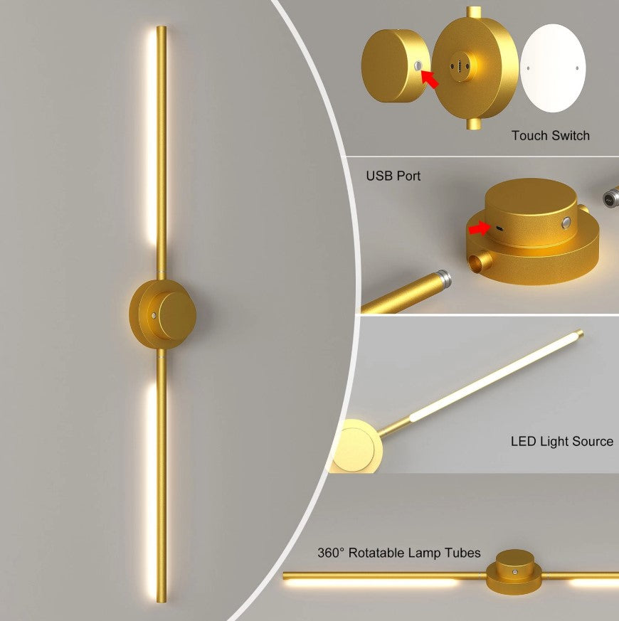 2Pack Rechargeable Wall Lights Indoor Dimmable LED Battery Wall Lights Gold 100cm