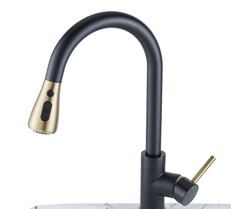 Modern Pull-Down Kitchen Tap | Dual Spray Brass Mixer | Black & Gold Faucet