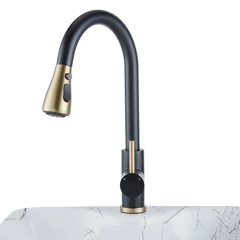 Modern Pull-Down Kitchen Tap | Dual Spray Brass Mixer | Black & Gold Faucet