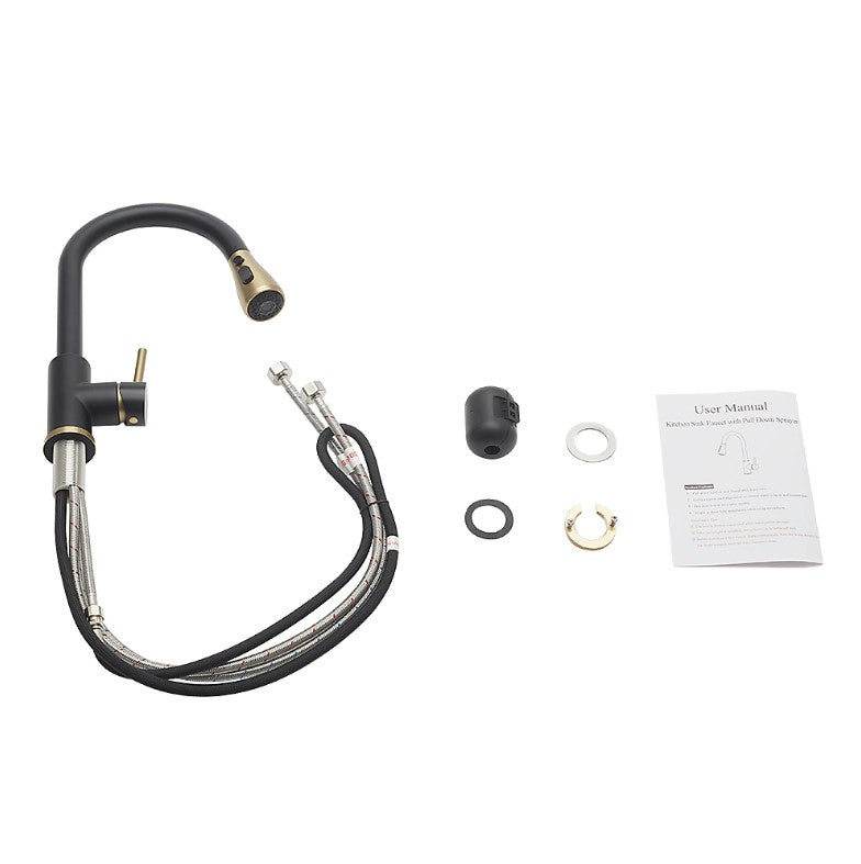 Modern Pull-Down Kitchen Tap | Dual Spray Brass Mixer | Black & Gold Faucet