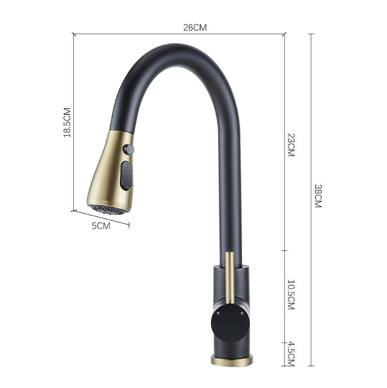 Modern Pull-Down Kitchen Tap | Dual Spray Brass Mixer | Black & Gold Faucet