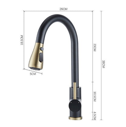 Modern Pull-Down Kitchen Tap | Dual Spray Brass Mixer | Black & Gold Faucet
