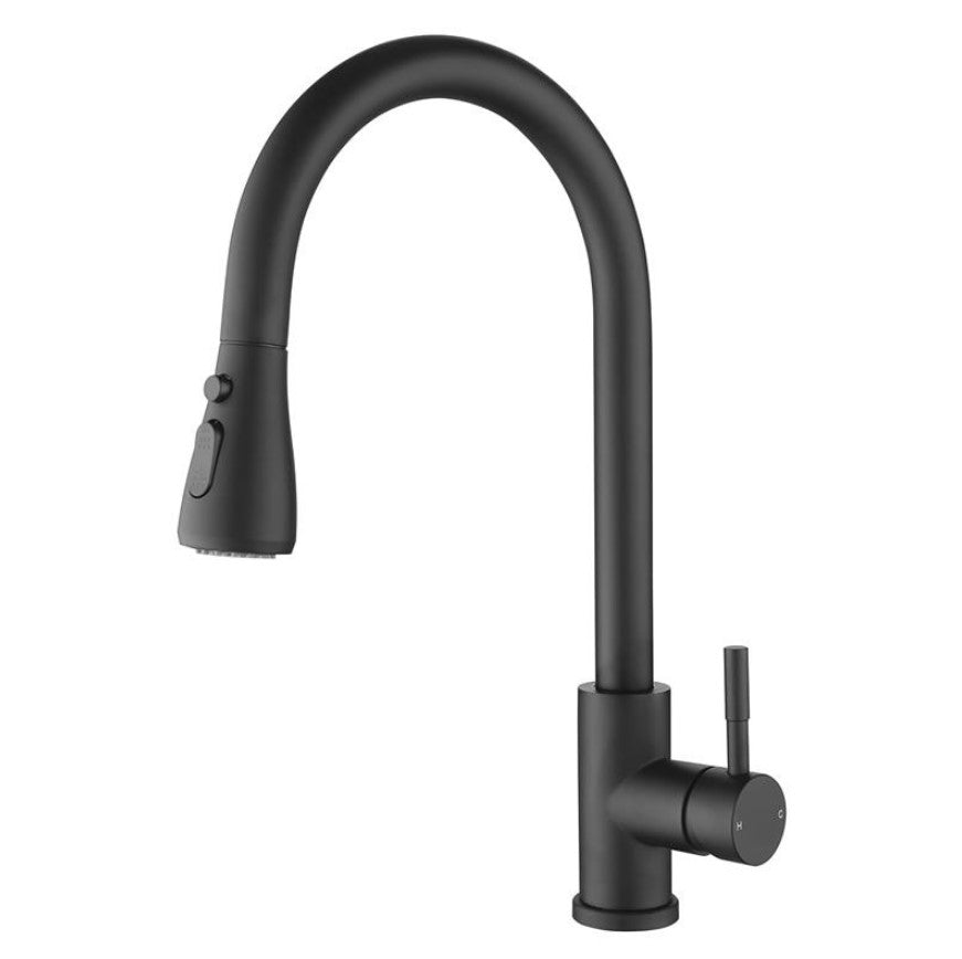 Modern Pull-Down Kitchen Tap | Dual Spray Brass Mixer | Black & Gold Faucet