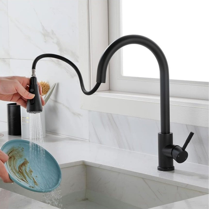Modern Pull-Down Kitchen Tap | Dual Spray Brass Mixer | Black & Gold Faucet