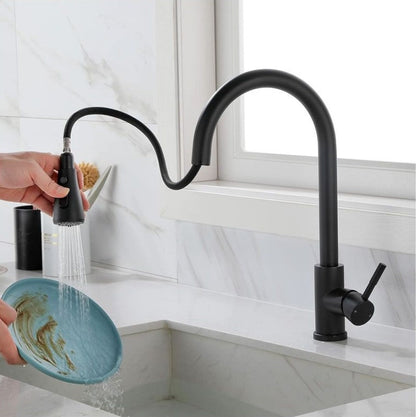 Modern Pull-Down Kitchen Tap | Dual Spray Brass Mixer | Black & Gold Faucet