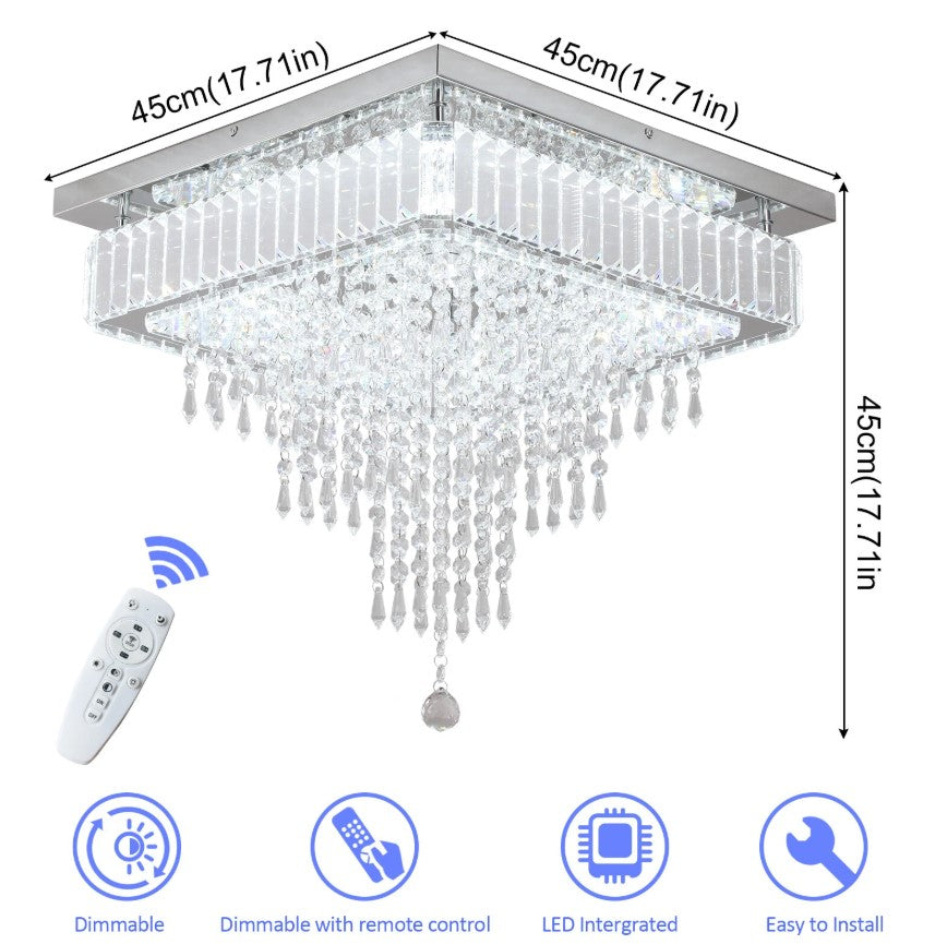 Crystal Square Chandelier LED Ceiling Light Silver Cool White/ 3 Color Lights Dimmable 45cm