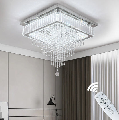 Crystal Square Chandelier LED Ceiling Light Silver Cool White/ 3 Color Lights Dimmable 45cm