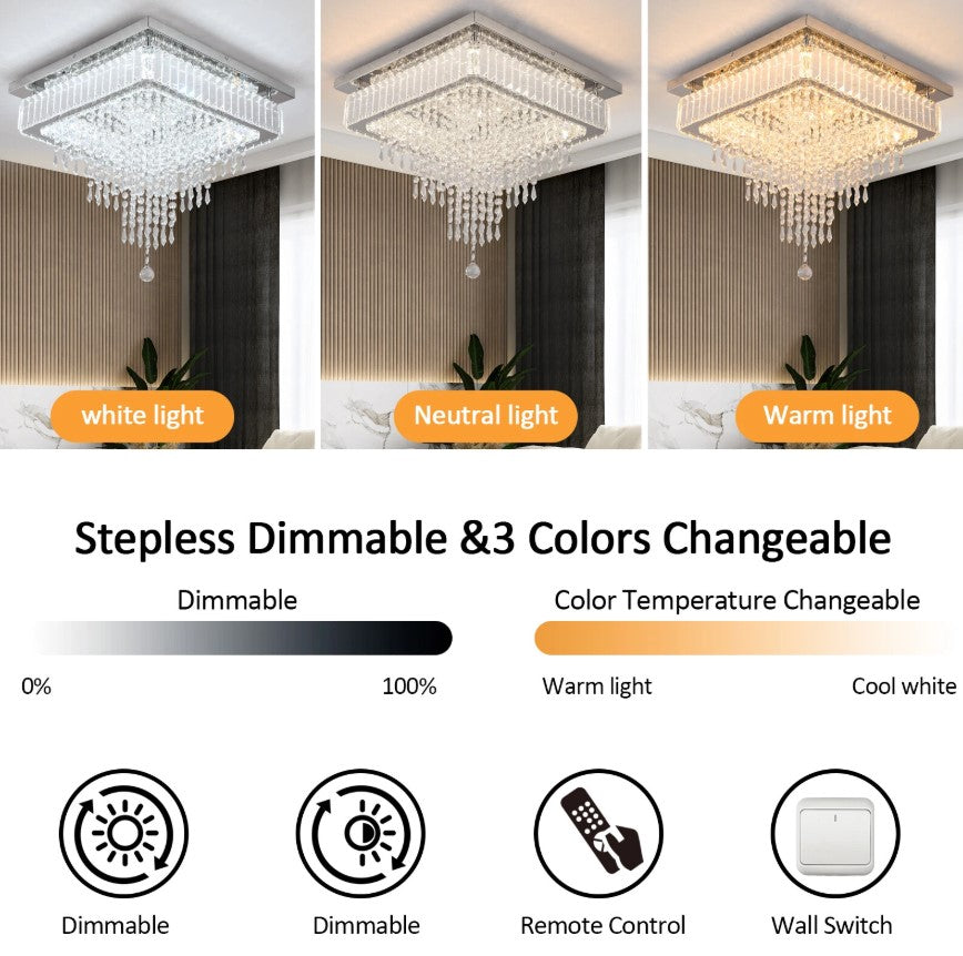 Crystal Square Chandelier LED Ceiling Light Silver Cool White/ 3 Color Lights Dimmable 45cm
