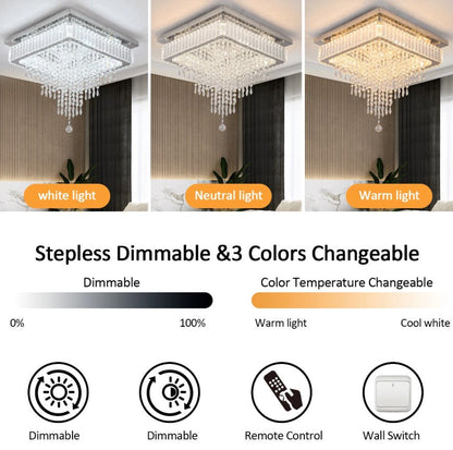 Crystal Square Chandelier LED Ceiling Light Silver Cool White/ 3 Color Lights Dimmable 45cm