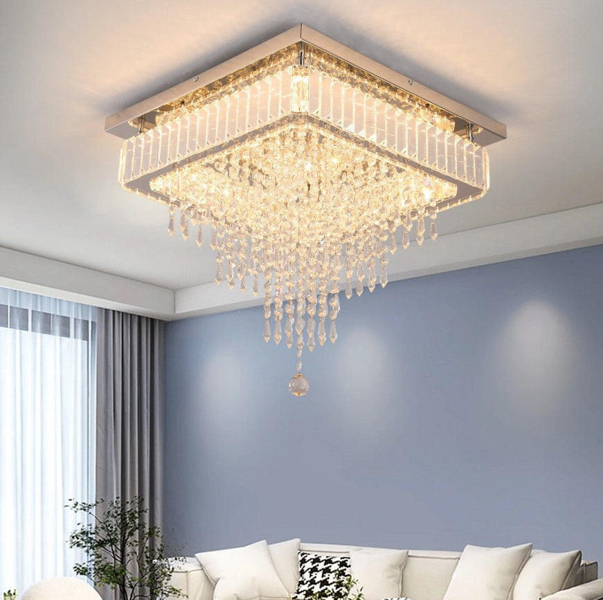 Crystal Square Chandelier LED Ceiling Light Silver Cool White/ 3 Color Lights Dimmable 45cm