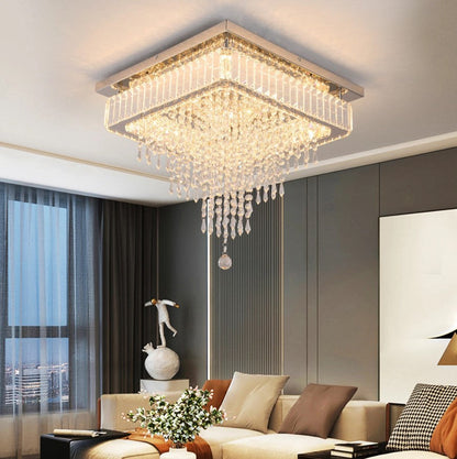 Crystal Square Chandelier LED Ceiling Light Silver Cool White/ 3 Color Lights Dimmable 45cm