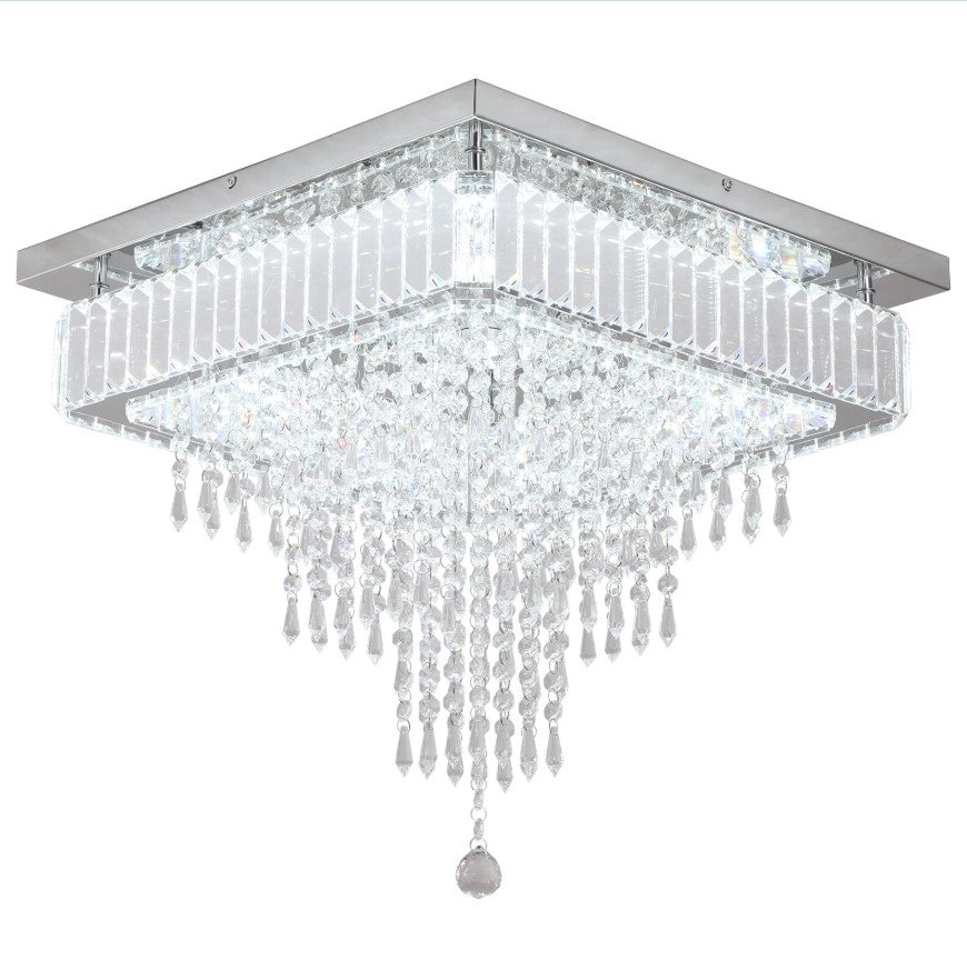 Crystal Square Chandelier LED Ceiling Light Silver Cool White/ 3 Color Lights Dimmable 45cm